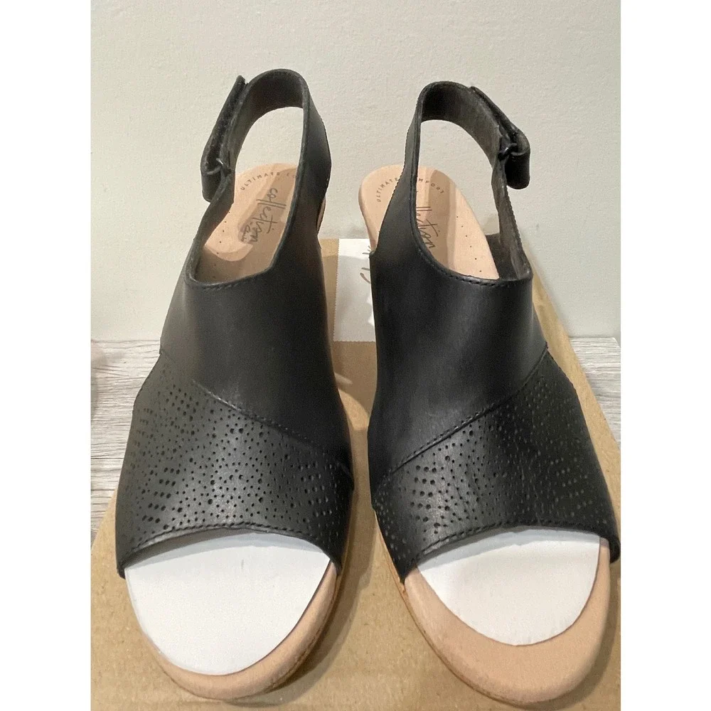 Clarks‎ Lafley Joy Black Leather Perforated Wedge Sandals 8.5M 45421 New